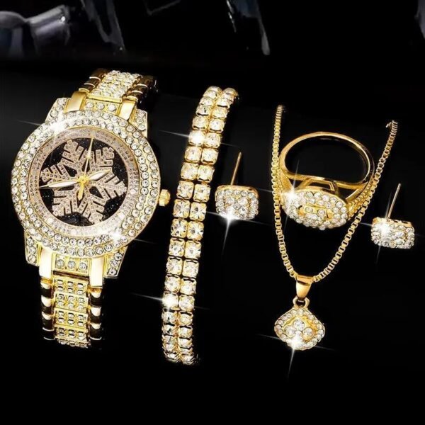 Ensemble de bijoux de luxe en strass, cinq pièces, motif flocon de neige – Image 2