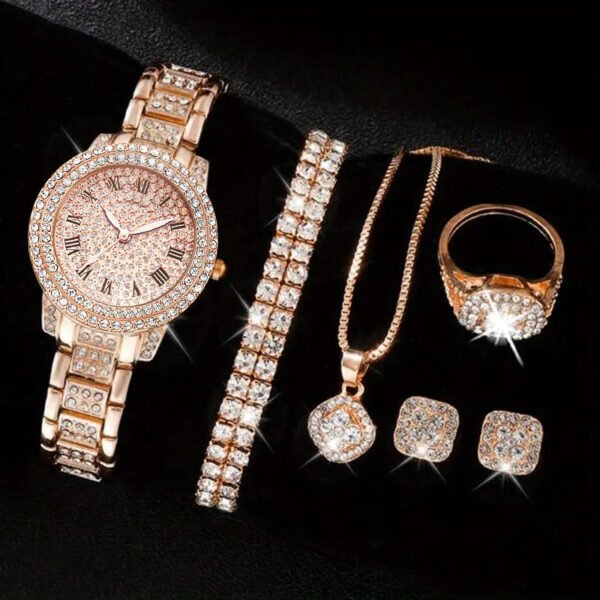 Montre à quartz romaine tendance en diamant pour femme, ensemble de cinq pièces – Image 3