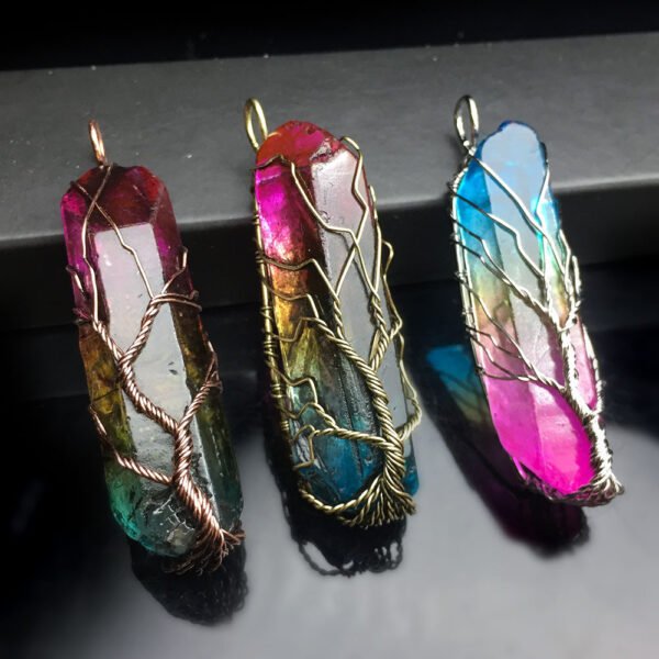 Pendentif arbre de vie en pierre brute colorée galvanisée