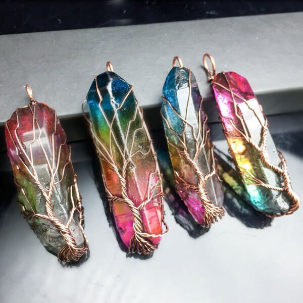 Pendentif arbre de vie en pierre brute colorée galvanisée – Image 2