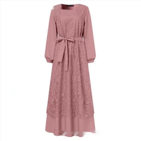 Robe musulmane à col rond et dentelle fleurie – Image 2
