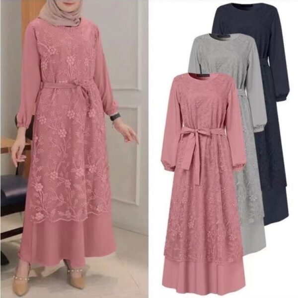Robe musulmane à col rond et dentelle fleurie – Image 8